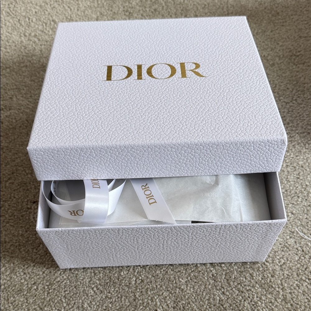 Dior Textured White Box with Gold Lettering and ribbon